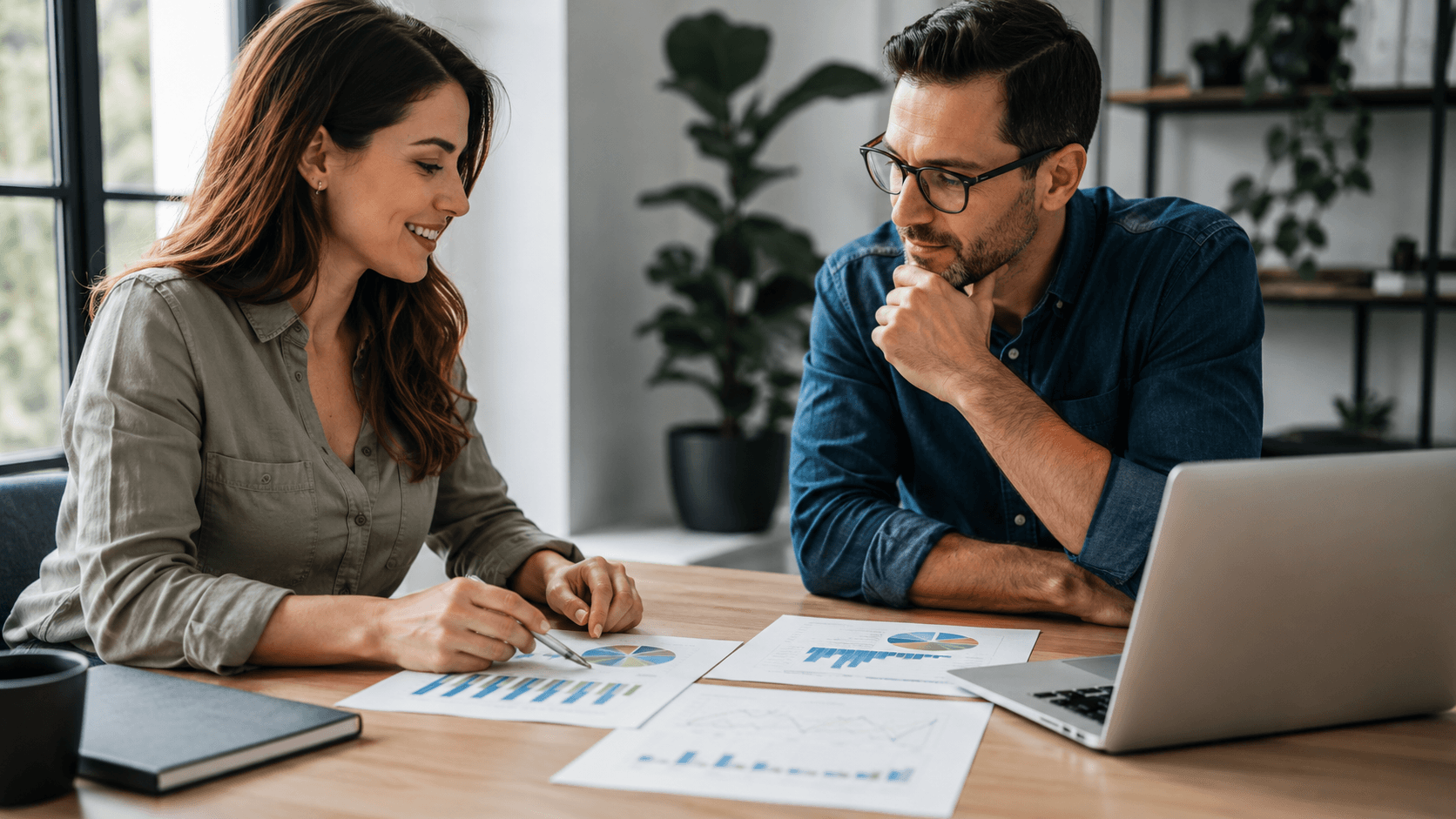 Zwei Personen sitzen an einem Tisch mit Laptop, die darüber sprechen, was ist besser SEO oder SEA?