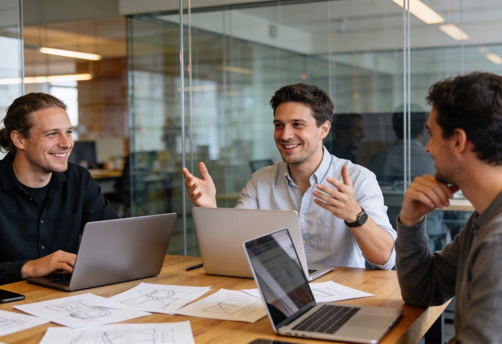 Was macht eine Webdesign-Agentur? Authentische Szene aus einer deutschen Webdesign-Agentur bei einem persönlichen Gespräch im Büro.